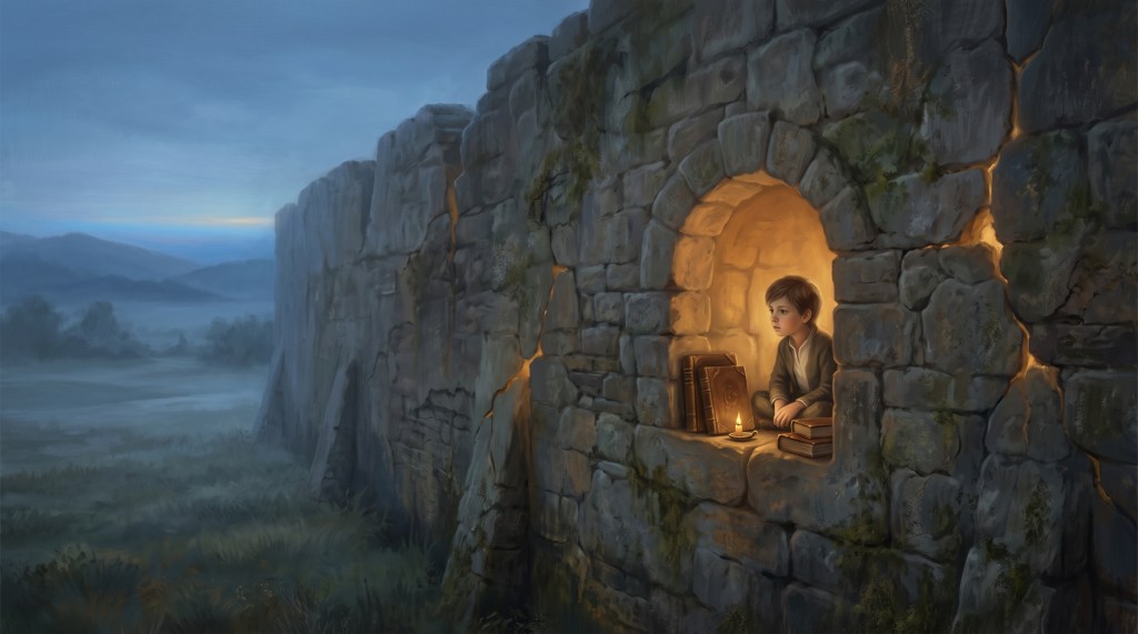 A young boy reading books by candlelight in a stone window of an ancient wall during twilight.